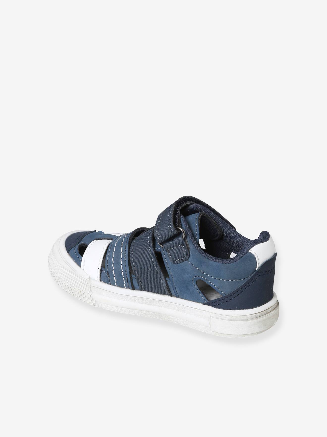 Sandálias infantis com fecho de velcro, modelo especial para maior independência, azul escuro, bicolor/multicoloridas