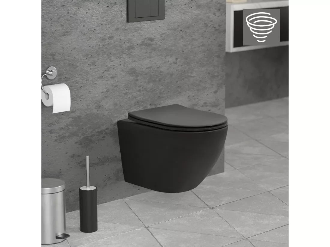 WC Suspendu sans Rebord, Court, Noir Mat, 49cm, Chasse d'Eau Tornade, en Céramique