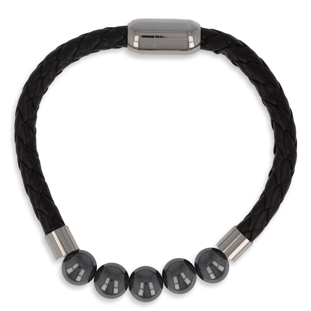 Bracelet Acier 316L cuir imitation 66M et 5 boules pierre d'Hematite