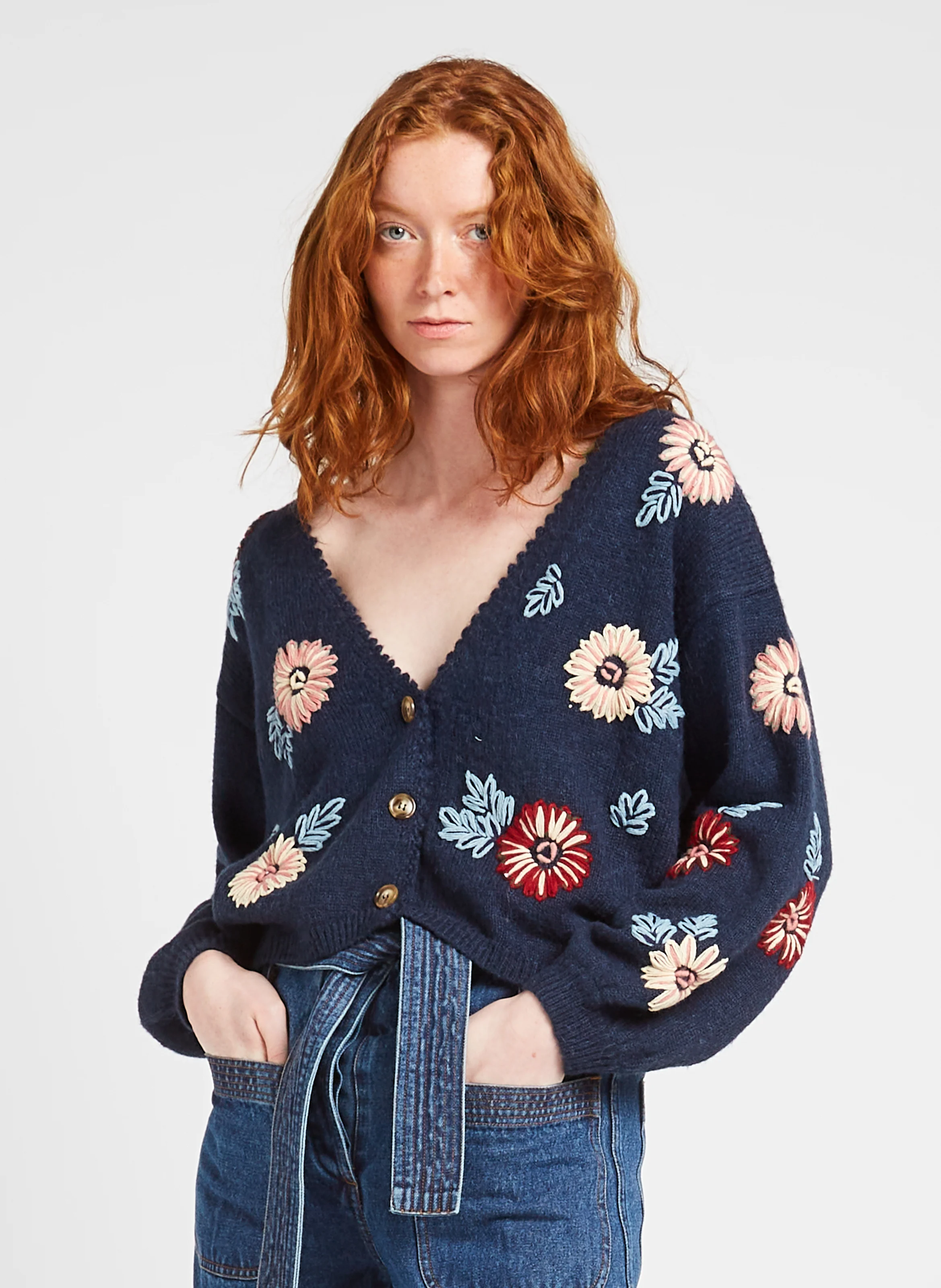 LUMIA - Cardigan col Và motif floral | Bleu