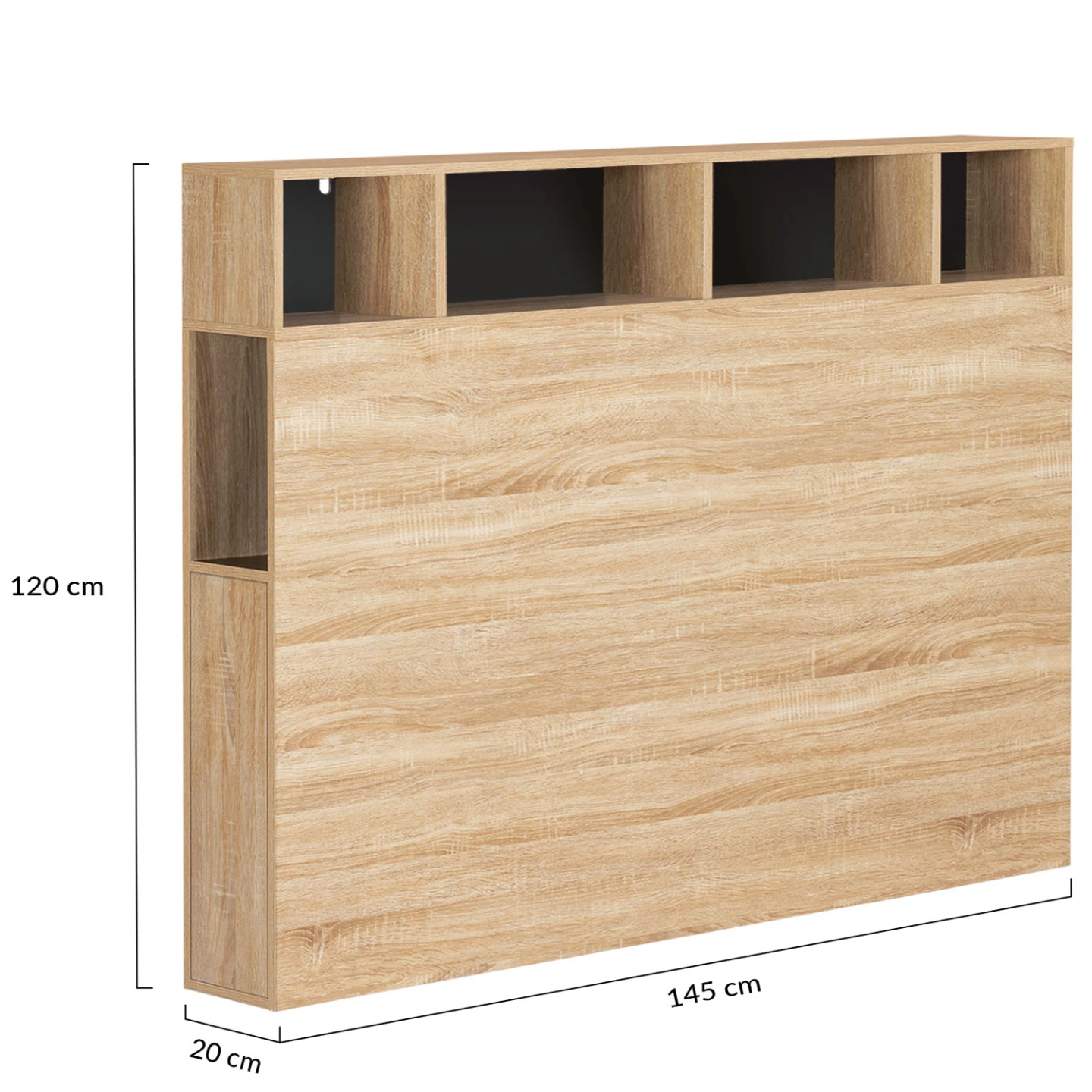 Tête de lit sur pied CLEO 145 cm avec rangements fermés et niches façon hêtre et noir