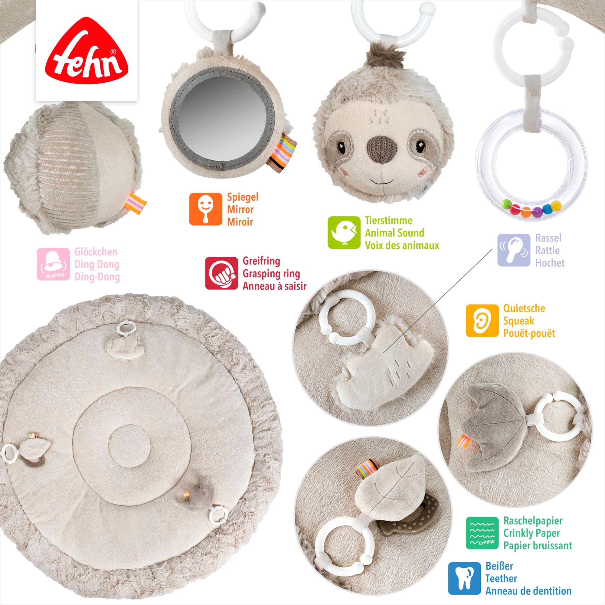 Fehn Spielbogen »Lazy, Crazy & Pink, Faultier, 3-D-Activity-Decke« mit 5 abnehmbaren Spielzeugen
