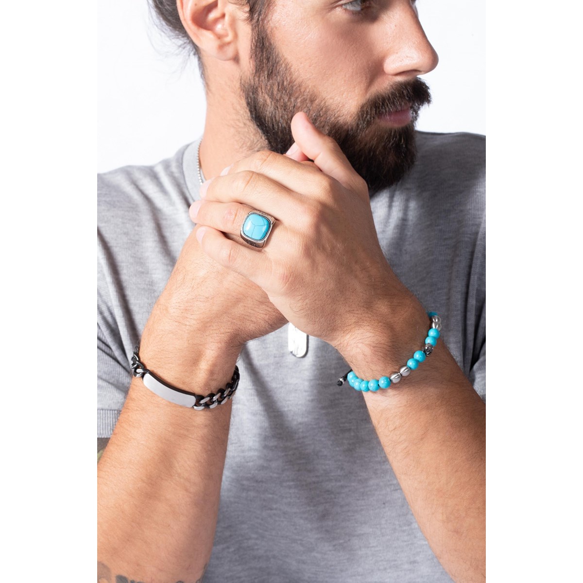 Bague Zinédine en Acier 316L avec turquoise reconstituée bleu turquoise
