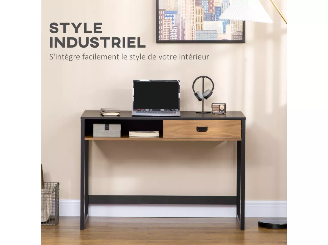 Bureau style industriel casier tiroir coulissant panneaux MDF noir aspect noyer
