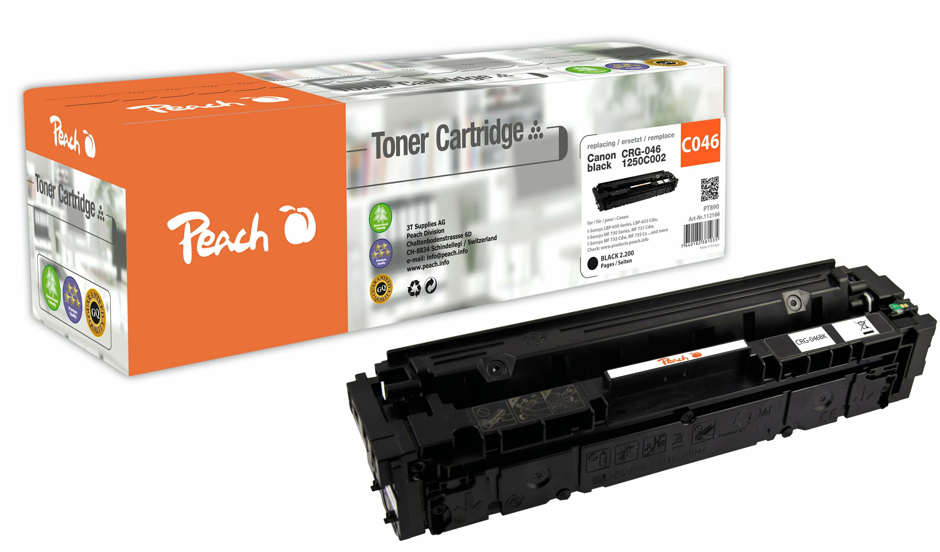 Peach HP 046 bk Toner bk ersetzt Canon CRG-046 bk, 1250C002 für z.B. Canon ISensys LBP -650, Canon ISensys LBP -653 Cdw, Canon ISensys LBP -654 Cdw (wiederaufbereitet)