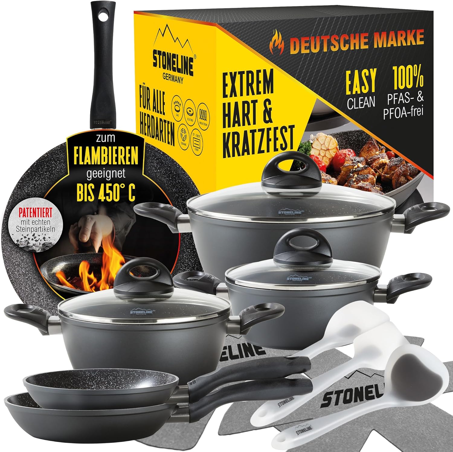 STONELINE Ceramic Keramikpfanne Töpfe Set 14 teilig 18/20/24 cm Töpfe Pfannen PFAS-frei Topfset Pfannenset Induktion Kochgeschirr Set mit Deckel Keramikbeschichtung mit echten Steinpartikeln, Grau