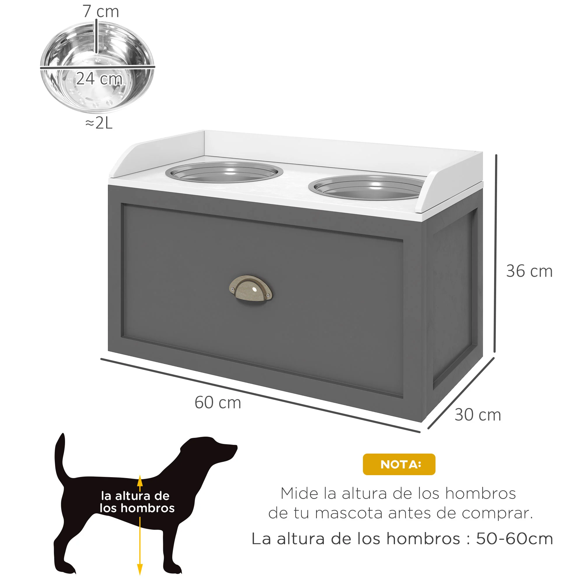 Comedouro elevado PawHut para cães grandes, com 2 tigelas de aço inoxidável, capacidade de 2000 ml, gaveta oculta, suporte de madeira para animais de estimação, 60 x 30 x 36 cm, cinza e branco.