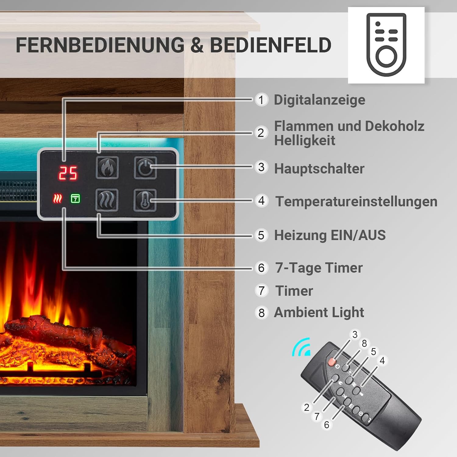 Elektrokamin BALDERIA Liora - Elektrischer Standkamin mit Ablagefach, 3D-Flammeneffekt, LED-Ambientebeleuchtung, Heizung 2000W, Timer, Thermostat, Fernbedienung - Dunkle Eiche