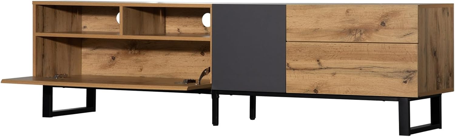 KOMHTOM Modernes schwarzes Holz farbkombination tv Schrank vorratsschrank, Sideboard mit 4 Fächern 1 Boden Tür 2 Schubladen, Mehrzweckschrank für Wohnzimmer Schlafzimmer Flur (C)