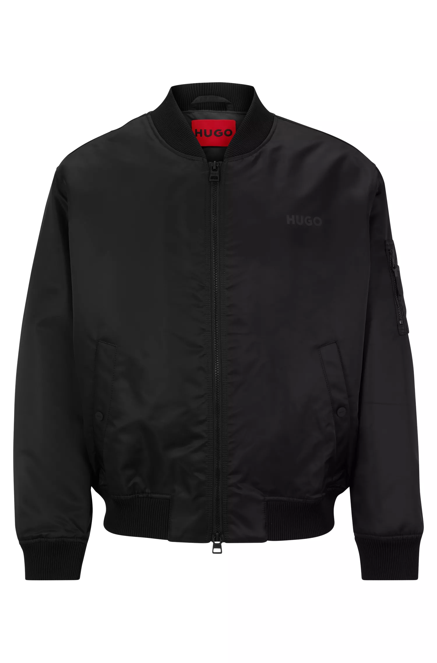 Jaqueta bomber HUGO vermelha, oversized, repelente à água e com estampa do logo.