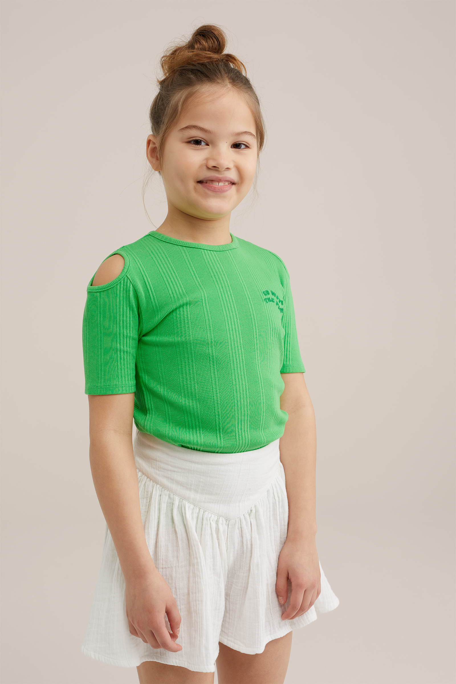 Meisjes T-shirt van ribstof WE Fashion Felgroen