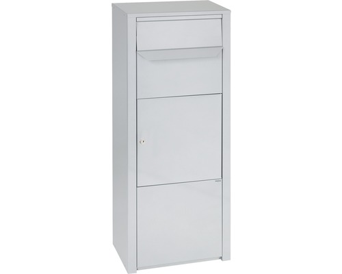 MEFA pakketbrievenbus, gepoedercoat staal, BxHxD 352/952/200 mm, Rowan 471, wit aluminium RAL 9006, met klep, toegang aan de voorzijde
