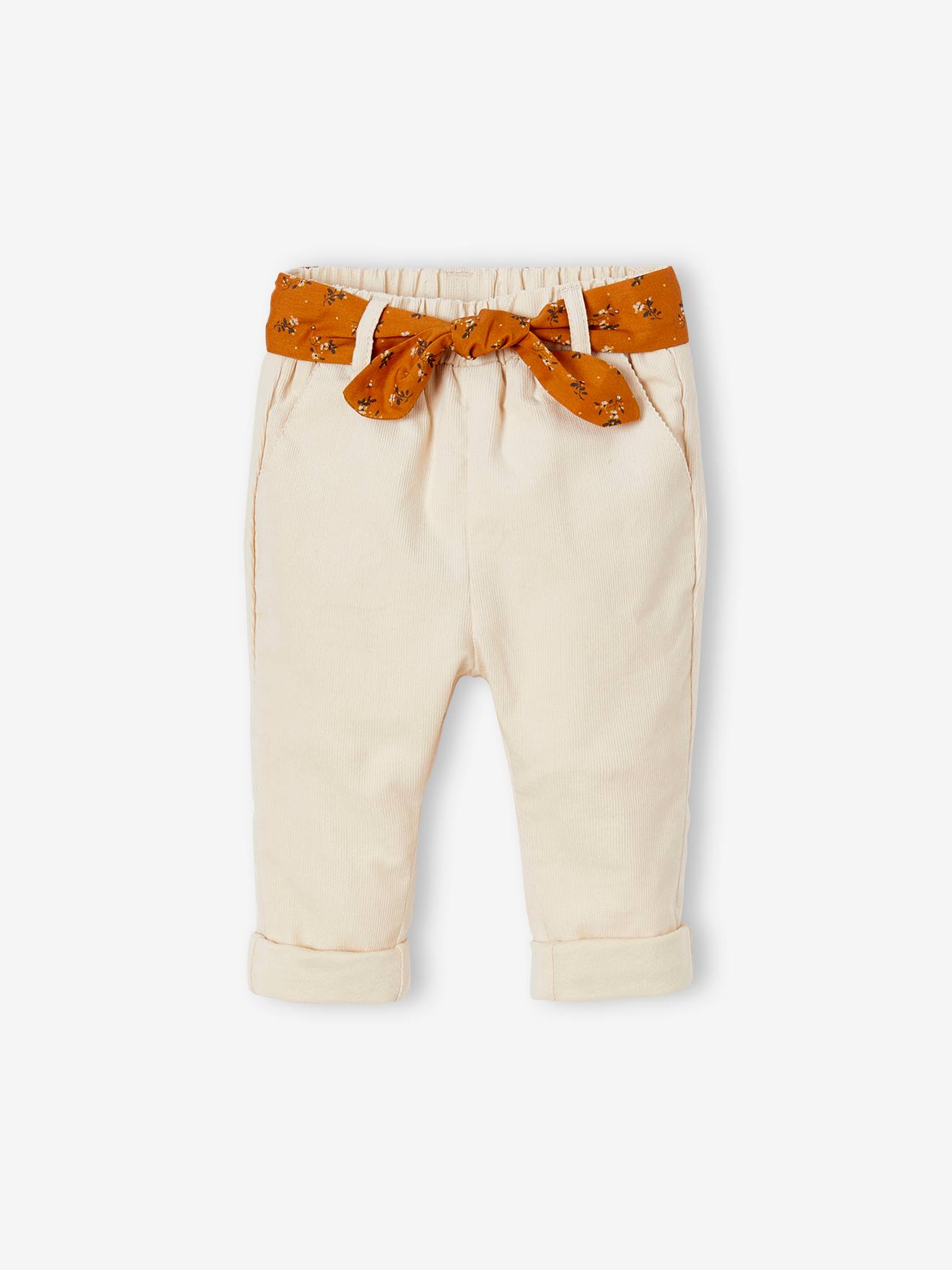 Calça de veludo com cinto de tecido, para bebê, bege claro liso