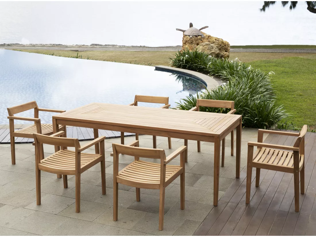 Salle à manger de jardin en teck : 1 table L.200 cm + 6 fauteuils - Naturel clair - ALLENDE de MYLIA