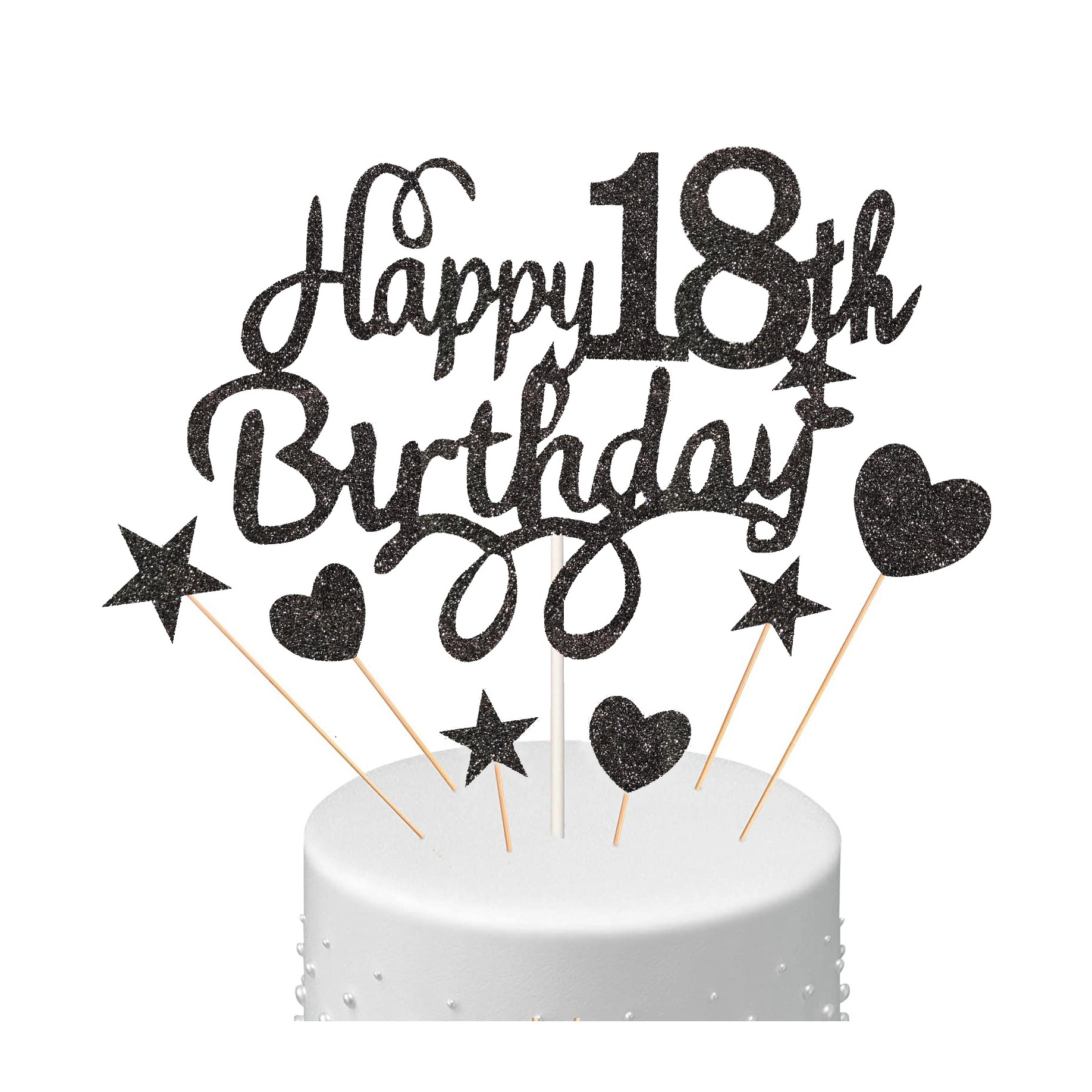 (7-tlg. Set) Kuchenstecker Happy 18th Birthday Glitzer Tortenstecker Topper Dekoration für Torten / Kuchen - Schwarz