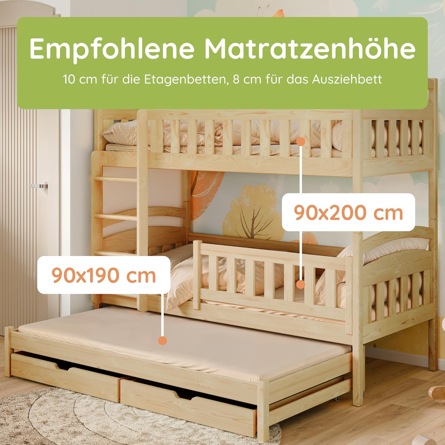 Kids Collective Hochbett 90x200 Etagenbett Kinderbett Jugendbett Stockbett 3 Kinder, Zwei Schubladen & Rausfallschutz umbaubar in 3 Einzelbetten | 4. bis 16. Lebensjahr | inkl. Lattenrosten | Natur