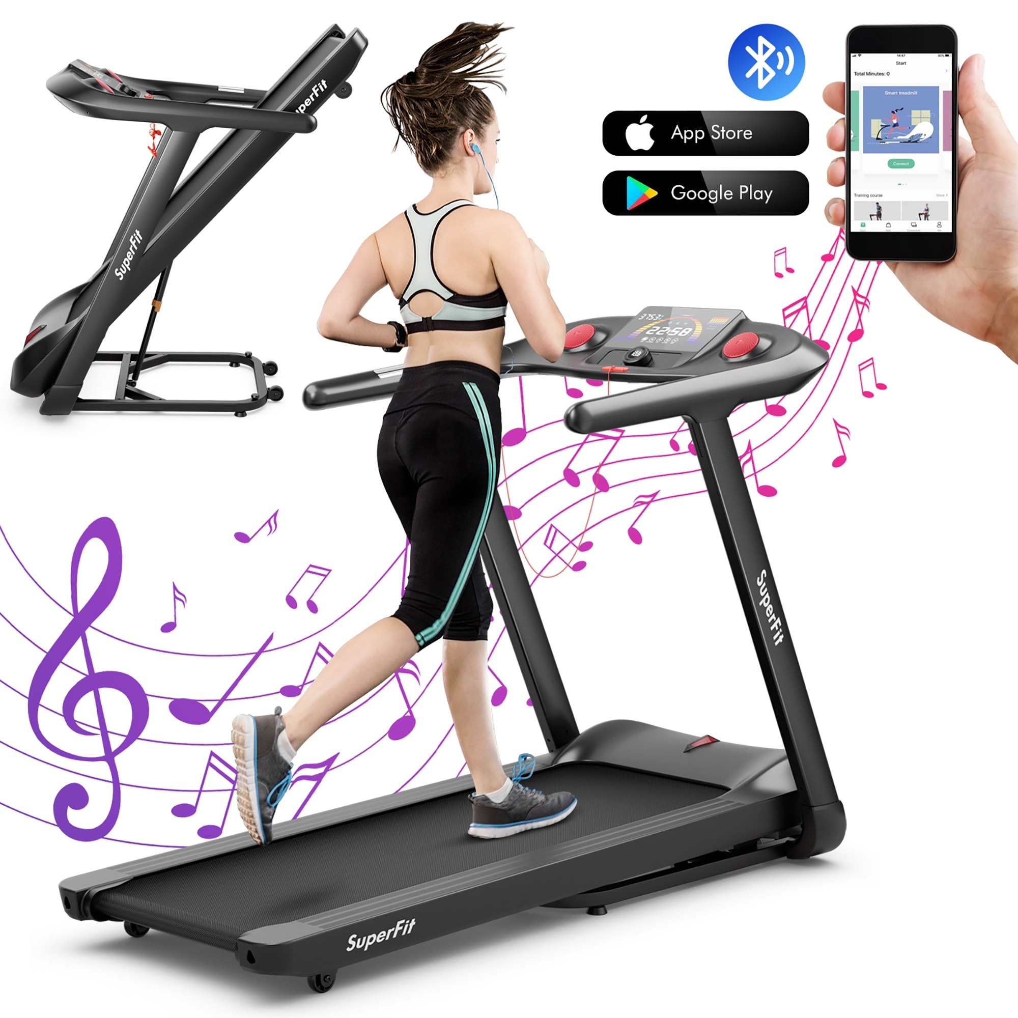 Esteira dobrável SuperFit 4.75HP com programas predefinidos e tela sensível ao toque - 64'' x 30'' x 45''