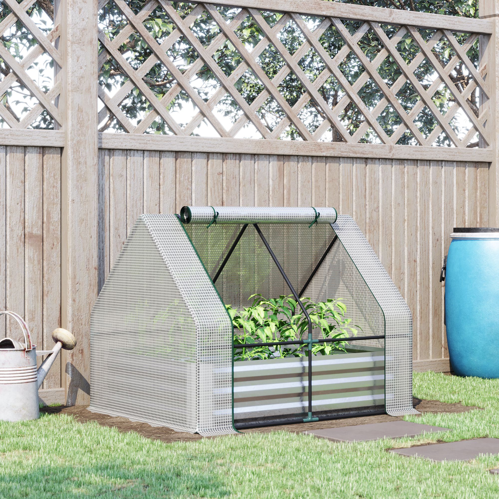Jardim urbano Outsunny com estufa, estufa externa de 127x95x92 cm, tipo galpão com canteiro interno de aço, janela de enrolar e cobertura de PE de 140 g/m² para cultivo de plantas e flores, branca.