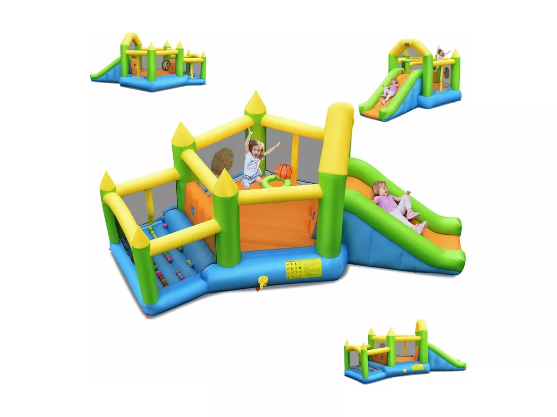 Château Gonflable en Forme de Pentagone avec Toboggan, Maison de Rebond Gonflable avec Piscine à Balles, Panier de Basket, Intérieur Extérieur pour 3 Enfants de 3-10 Ans（sans souffleur)