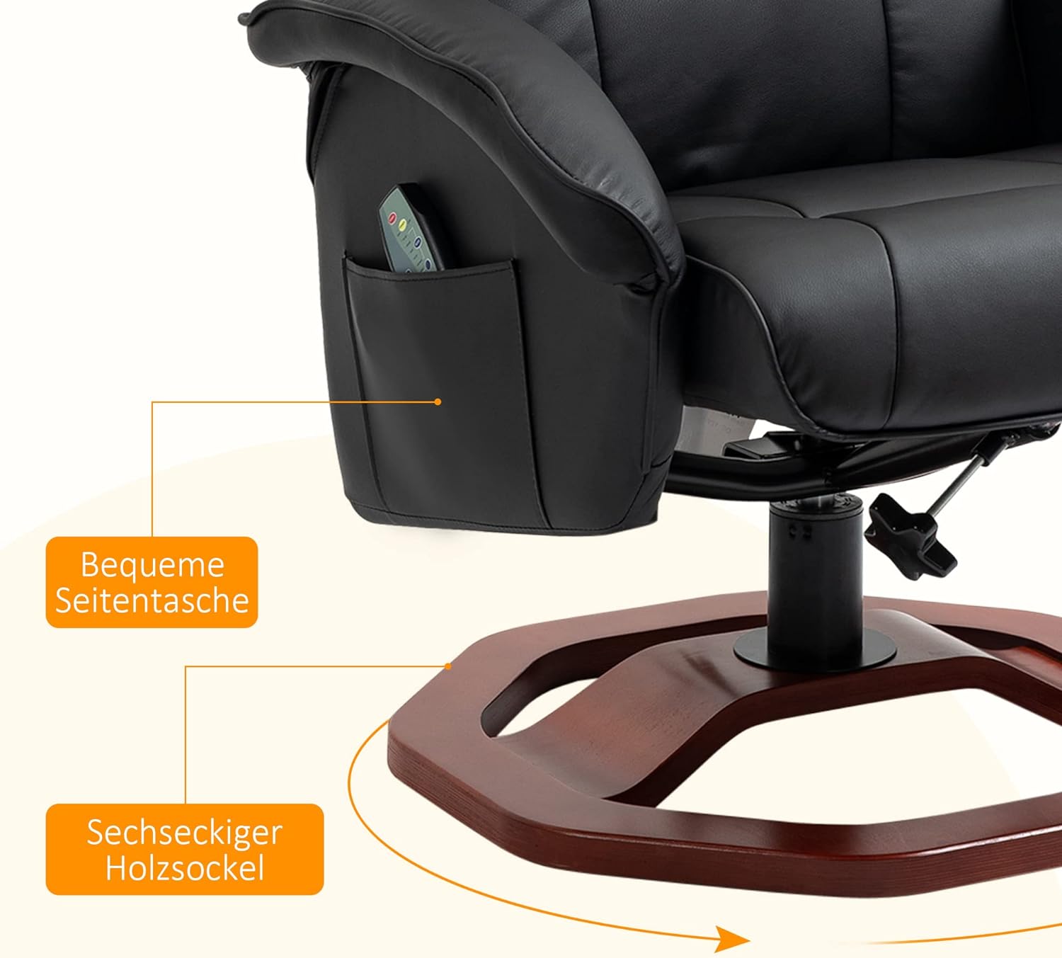 HOMCOM Sill&oacute;n de masaje con reposapi&eacute;s, funci&oacute;n de descanso, funci&oacute;n de descanso, sill&oacute;n reclinable con funci&oacute;n de masaje, giratorio 360&deg;, piel sint&eacute;tica, acero negro+marr&oacute;n, 73 x 83 x 106 c
