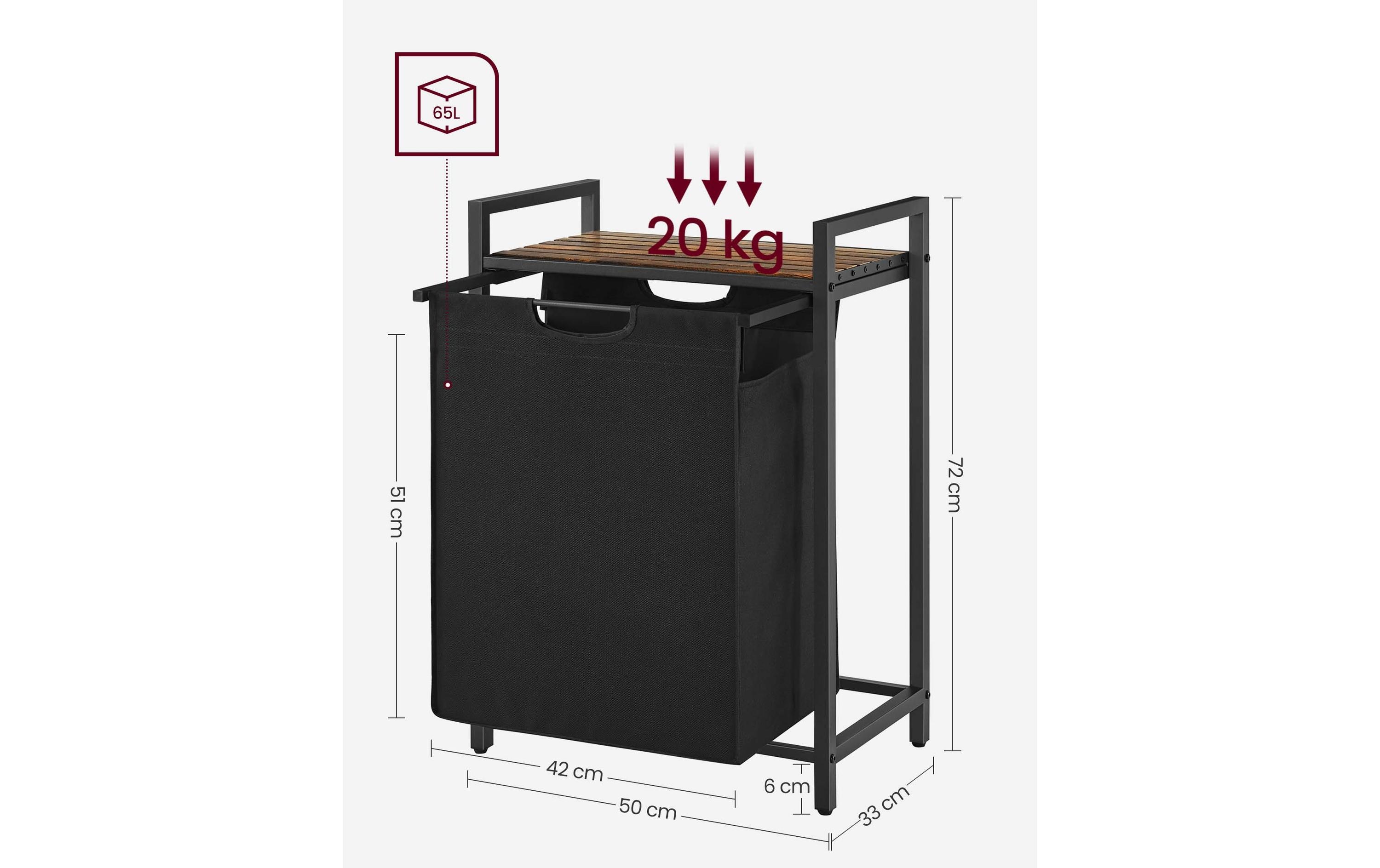 Wäschekorb mit Ablage 65 l, SchwarzWäschesammler