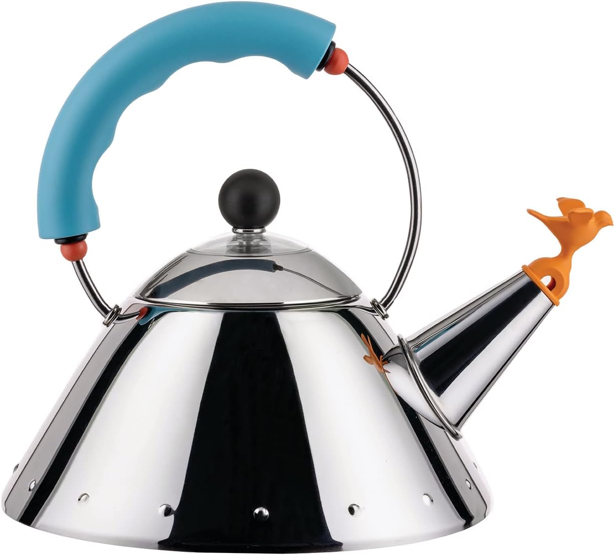 Alessi Kettle 9093/1 LAZ - Wasserkessel mit Magnetboden aus Edelstahl 18/10 Glänzend Poliert, für Induktionsherde Geeignet, mit Griff und Vogelförmiger Flöte aus PA, Hellblau