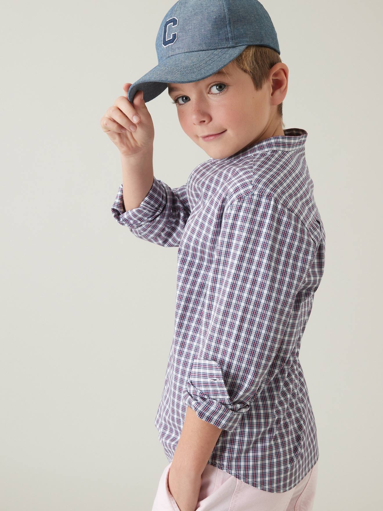 Camisa xadrez com gola mandarim para menino