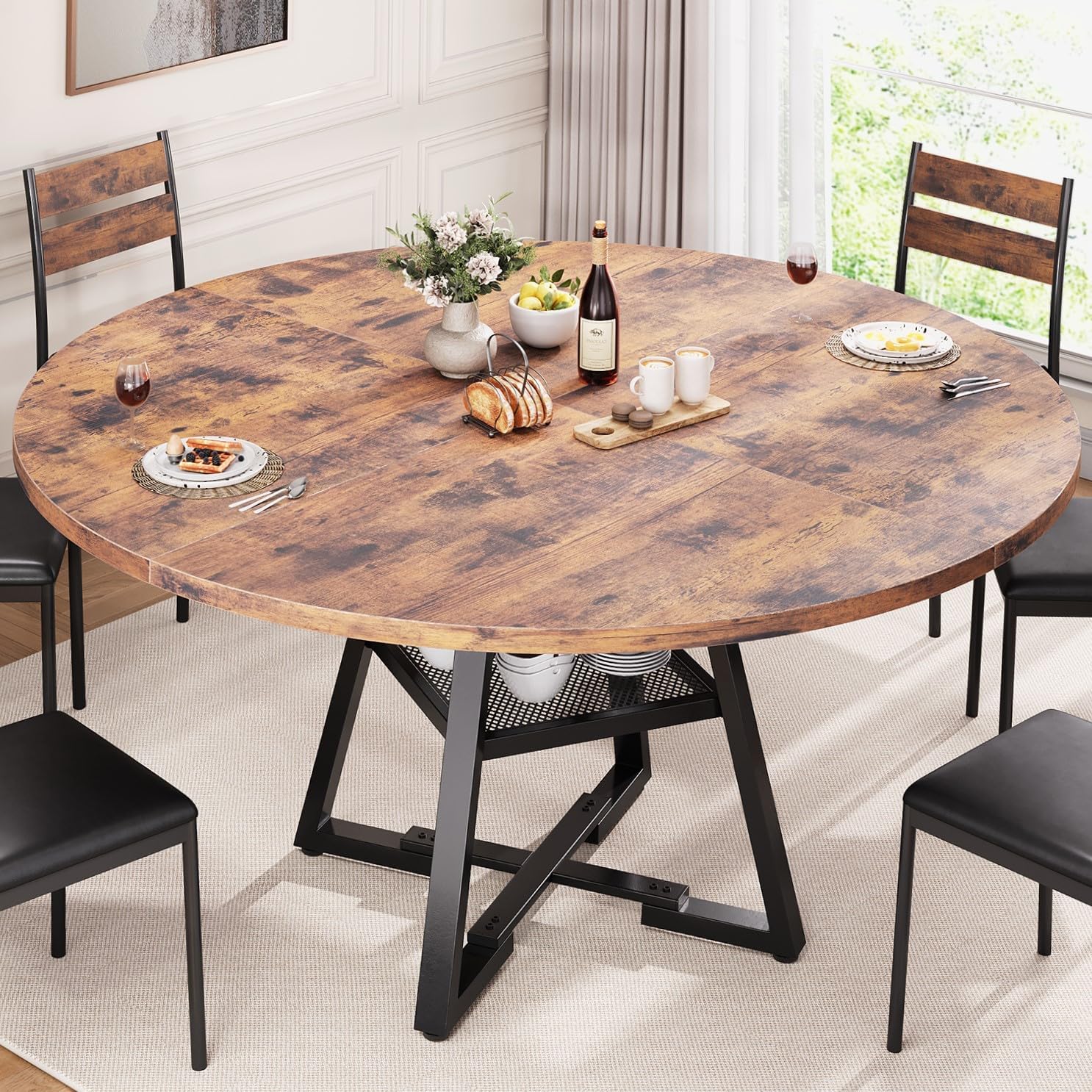 Esstisch Runder für 4-6 Personen, Esszimmertisch mit Ablage, platzsparender Küchentisch aus Holz im Industrial Design (Vintage Braun, 130x130x76cm)