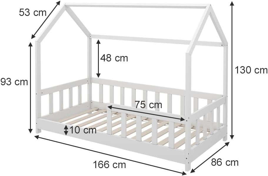 Hausbett 80x160 cm Michelle mit Rausfallschutz - Weiß 166x135x86 cm aus Bambus - Bett ideal fürs Kinderzimmer, für zuverlässigen Schlaf mit zusätzlicher Sicherheit