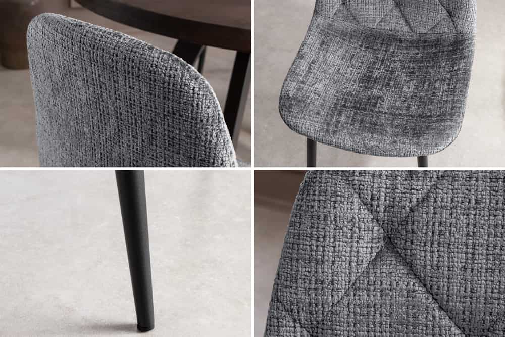 Stilvoller Stuhl GLAMM grau Chenille Cremona mit Rauten-Steppung schwarze Metallbeine