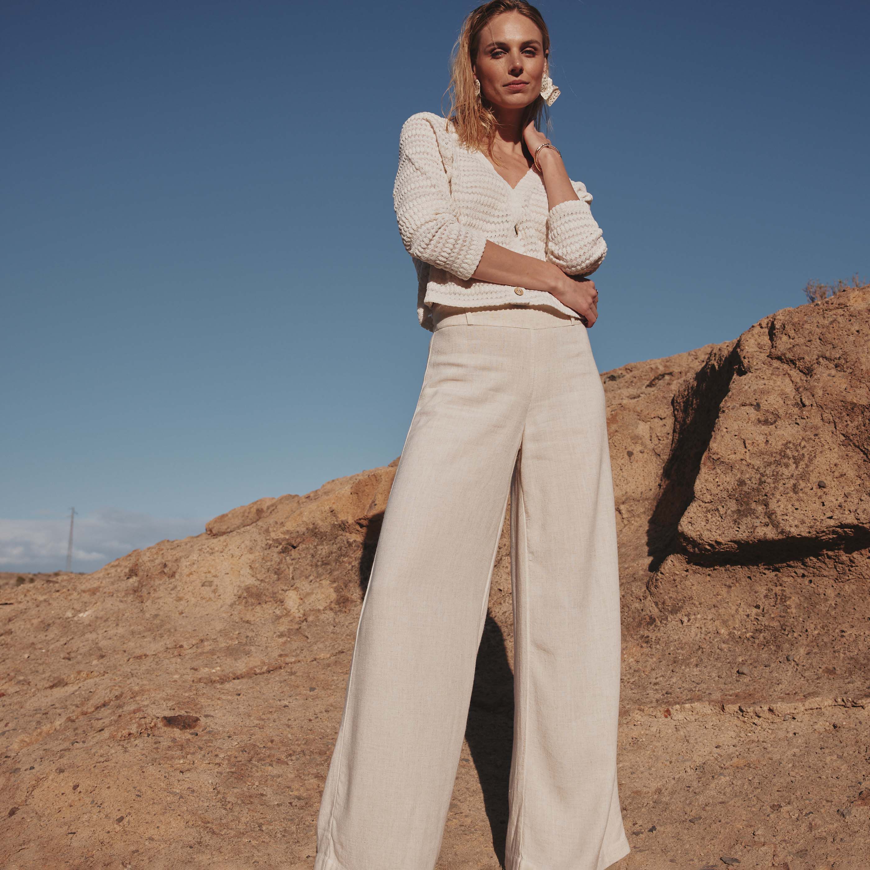 Pantalon lin mélangé femme - ECRU