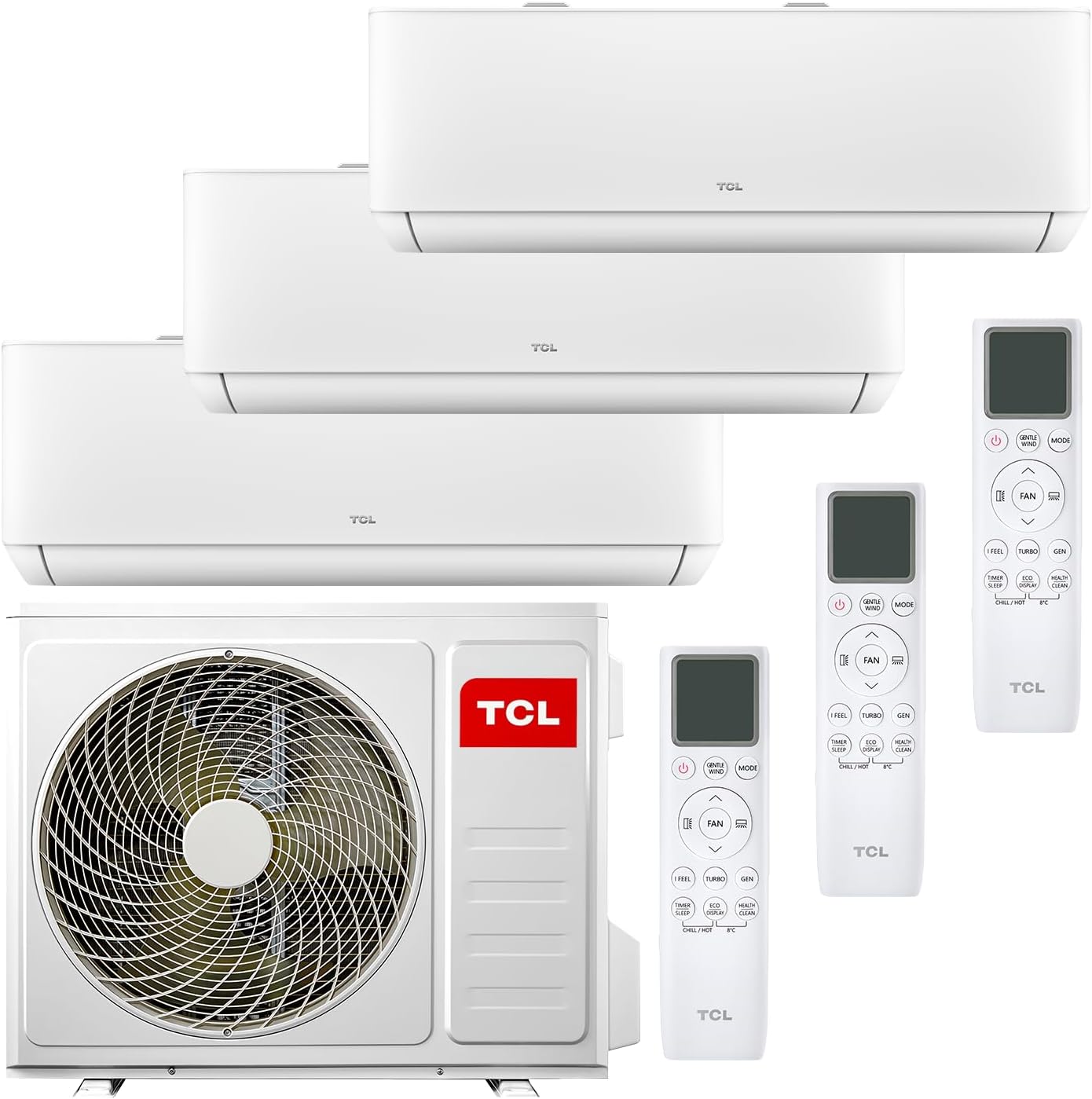 TCL Multisplit Klimaanlage Wandgerät 3 x 3,4 kW 12000 BTU + 32000 BTU Außeneinheit App + Fernbedienung für Räume bis zu je 45m²