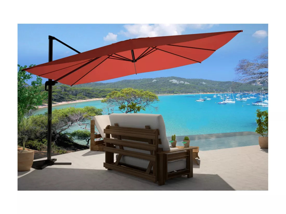 Parasol déporté rectangulaire de 3x4m rotatif à 360° terracotta CESARE