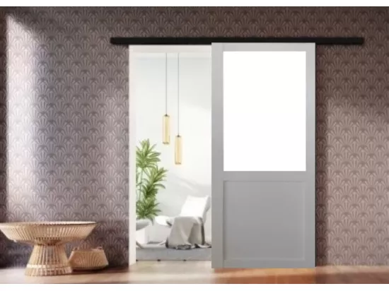 Porte Coulissante Atelier Blanc H204 X L83 Sans Meneau + Rail Alu Bandeau Noir Gd Menuiseries