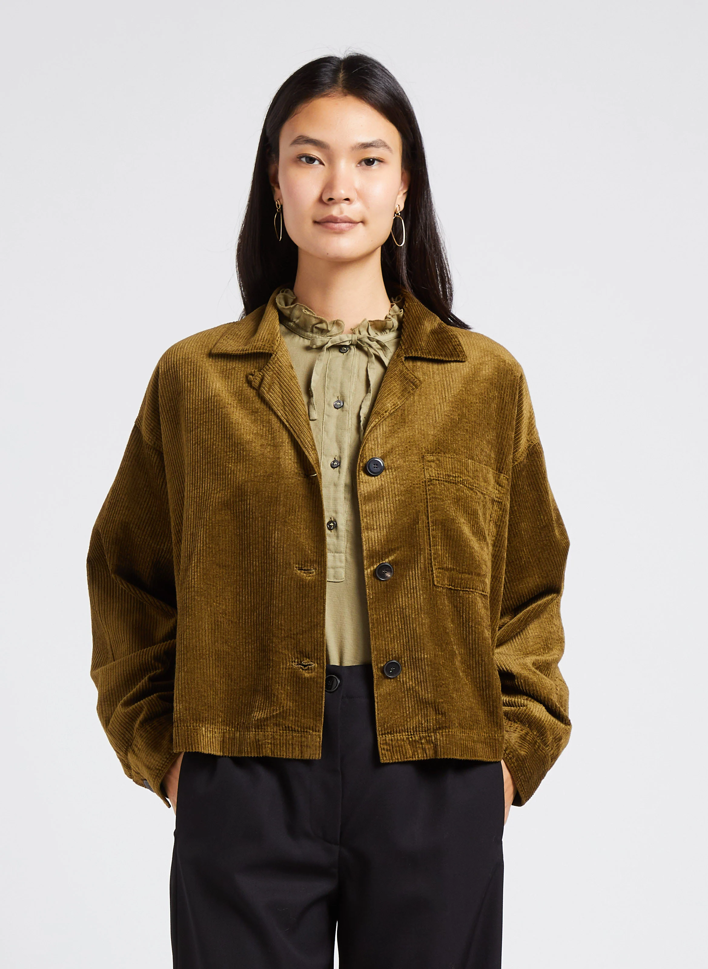 Chemise col tailleur en velours côtelé | Vert