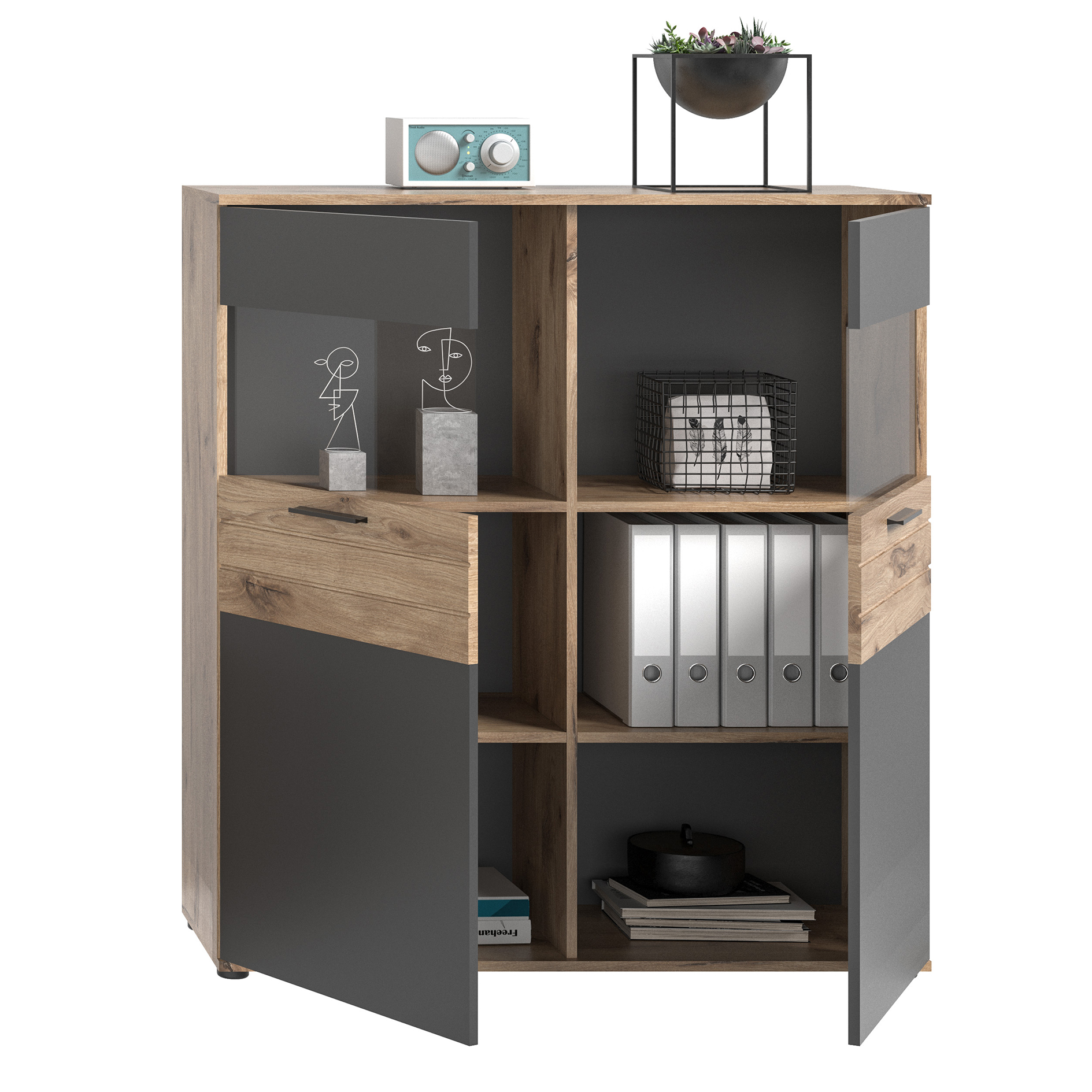 Standvitrine MASON - Nox Oak - Basalt grau - 110 cm