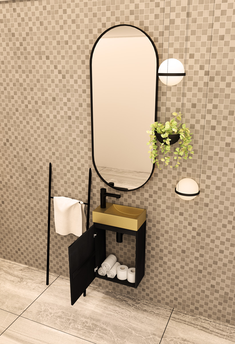 MD Interior Blessed toiletmeubel zwart mangohout links met fontein mat goud links