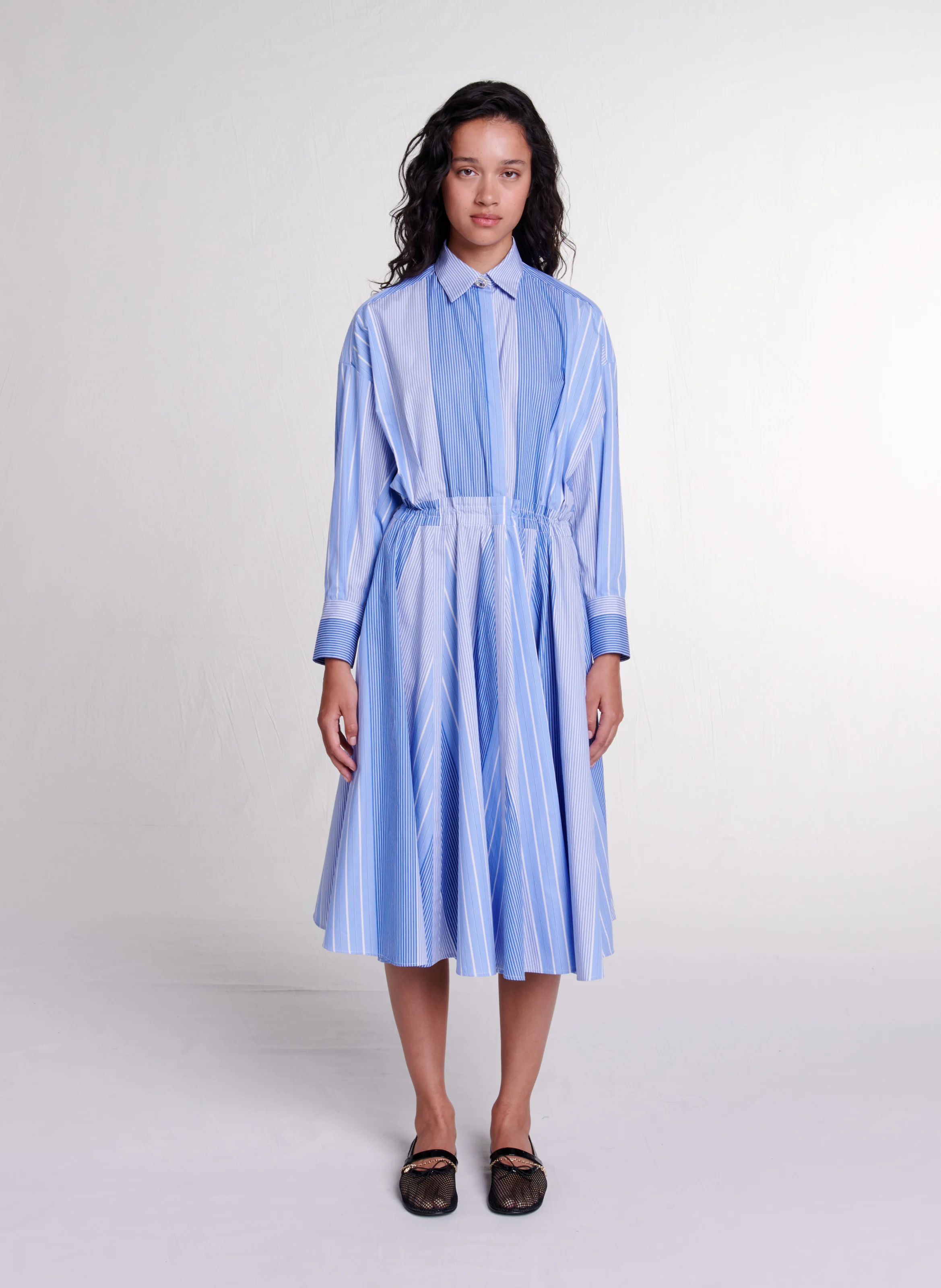 Robe midi col classique rayée en coton | Multicolore