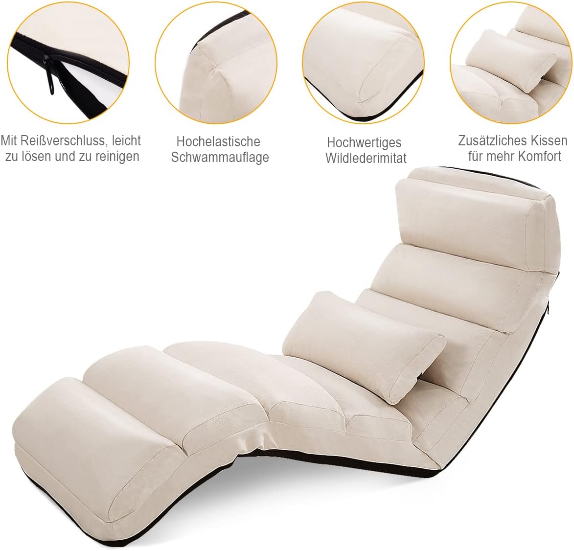 COSTWAY Relaxliege klappbar, Bodenstuhl mit Verstellbarer Rückenlehne, Bodenliege mit Schlaffunktion, Bodensofa, Bodensessel für Gaming, Schlafen, Lesen, Beige