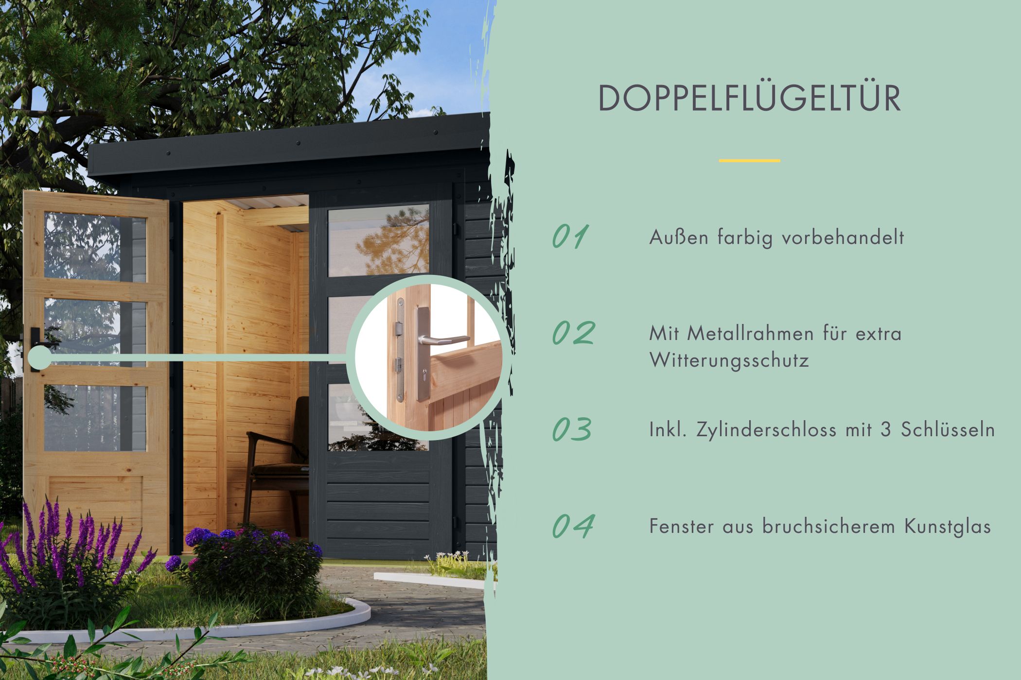 Karibu Hybrid Gartenhaus Hollywood im Set mit Anbaudach ca. 2,40 mbreit anthrazit inkl. Fußboden Gartenlaube Geräteschuppen Gartenhütte
