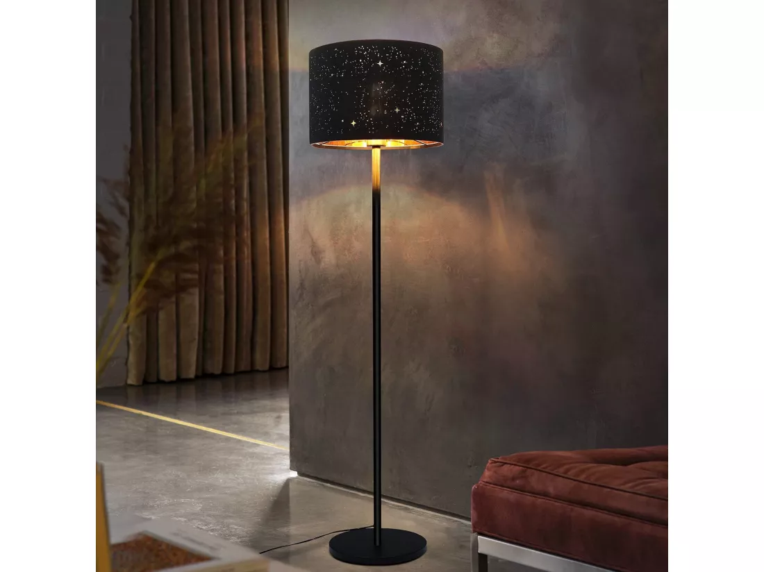 NETTLIFE Lampadaire Moderne Salon Lampadaire - Lampe sur pied en tissu avec douille E27 Max. 40W Noir Or Abat-jour Design Étoile 144cm Lampe sur pied