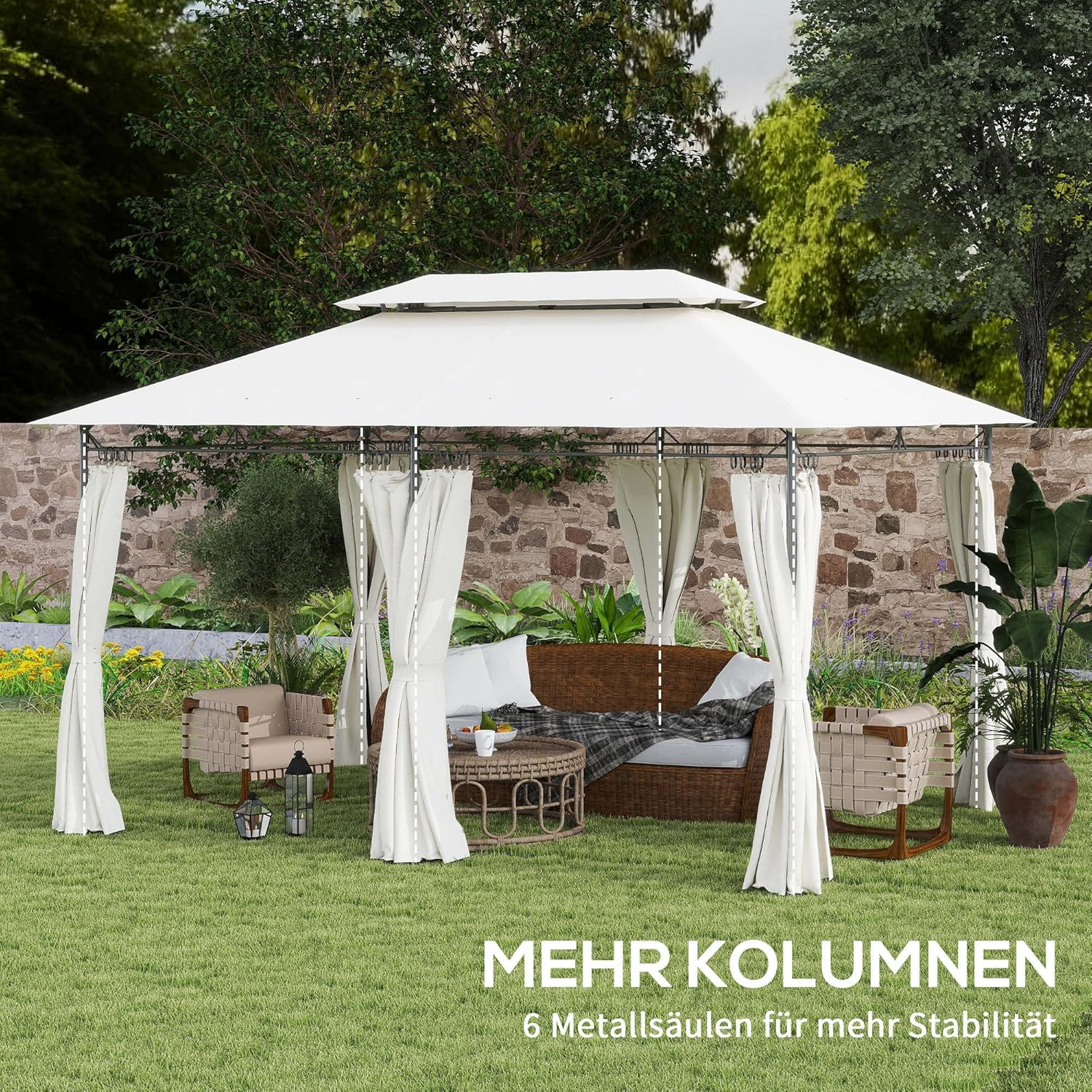 Outsunny Pavillon 4x3 m Stabil Winterfest Gartenpavillon mit Doppeldach 6 Seitenteile Ablauflöcher, Garten Pavillon aus Metall, für Garten, Terrasse, Cremeweiß