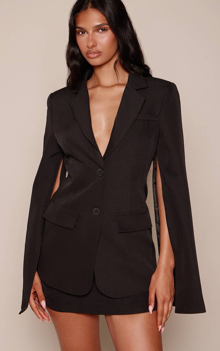 Noir Blazer Taille Cintrée À Manches Cape