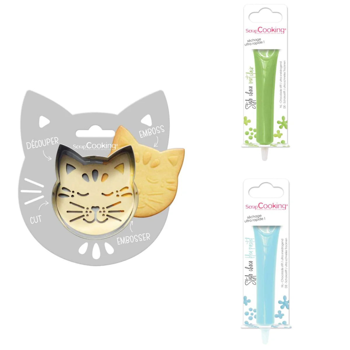 Kit pour biscuit en relief Chat + 2 Stylos au chocolat vert clair et b