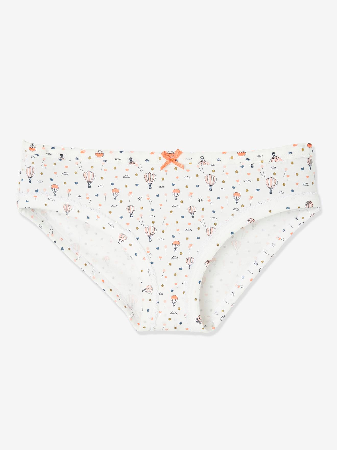 Pacote com 5 calcinhas fantasia para meninas, brancas lisas com estampas.