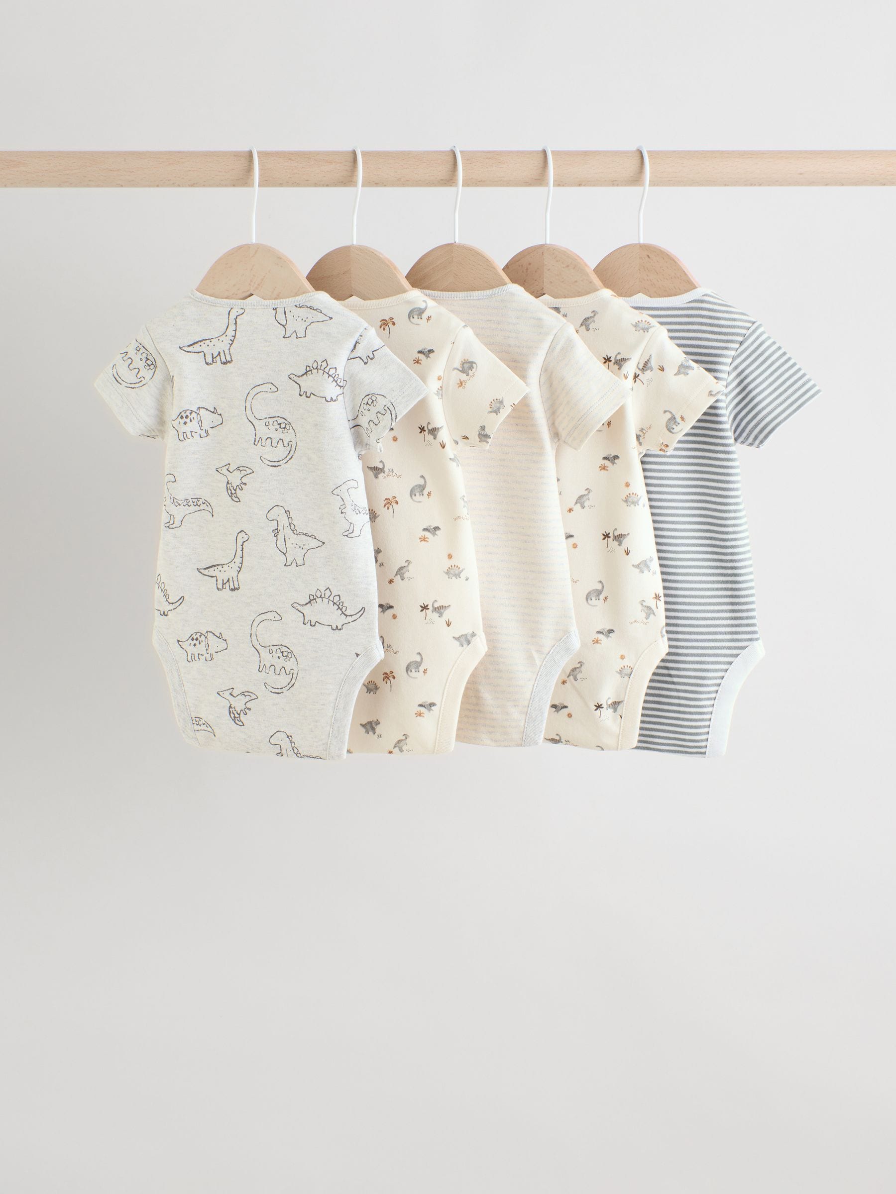 Grijs met dinoprint - Set van 5 babyrompertjes met korte mouwen