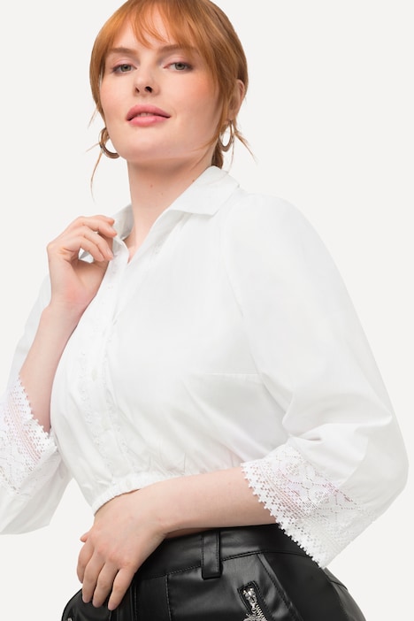 Dirndlbluse, Hemdkragen, Elastiksaum, Spitze, 3/4-Arm