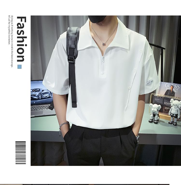 Hushgrain - Poloshirt met korte mouwen, revers en rits, effen en losvallend