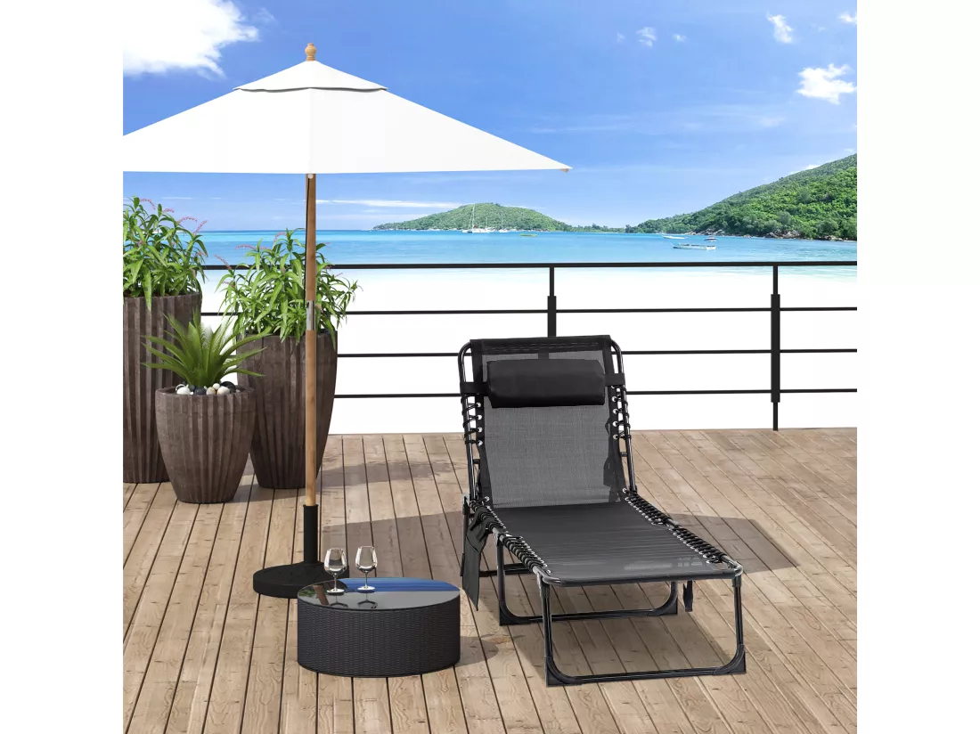 Bain de soleil transat pliable avec poignée - dossier inclinable multi-positions, pochette, tétière - acier époxy lacets élastiques textilène noir