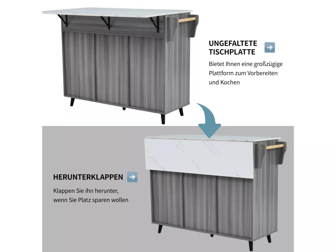 Ilot central de cuisine mobile avec 3 portes et 2 tiroirs - plateau extensible - 129x46/71x91,5 cm - Bois MDF + métal - Gris